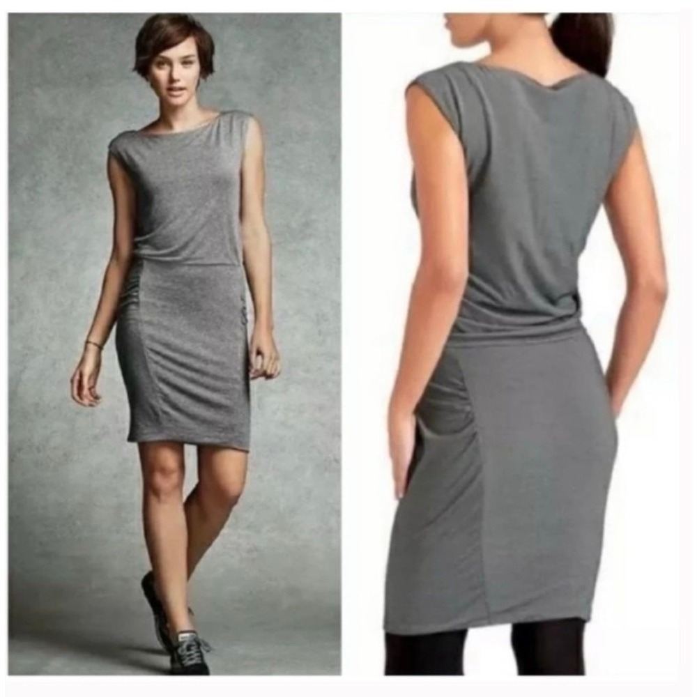 ATHLETA Micro Stripe Westwood Ruched Dress Black White Sz medium